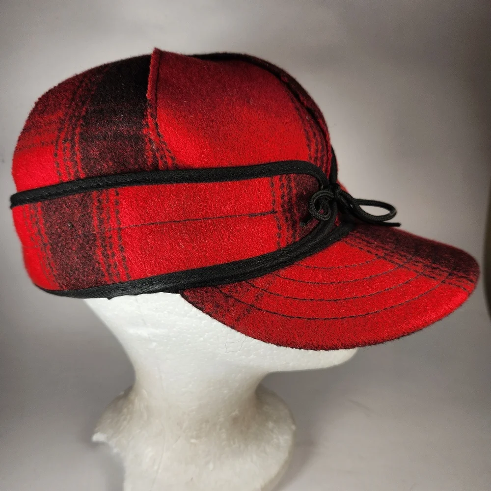 VTG STORMY KROMER Trapper Hat Men's 7 1/4 Red Hunting Wool Plaid Lined Made USA - Picture 3 of 11